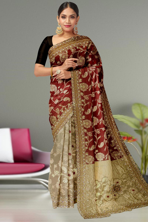Maroon And Grey Beige Silk Woven Zari Saree