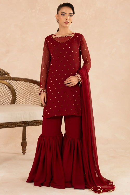 Maroon Chiffon Gharara Suit with Zari Work for Eid Party