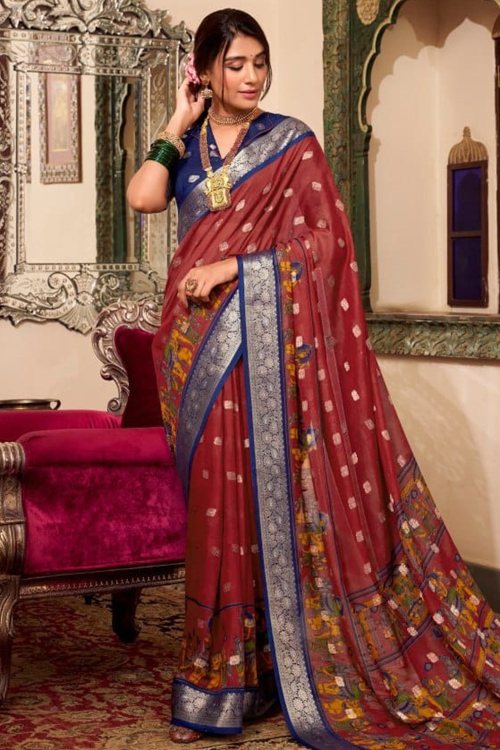 Maroon Cotton Printed Saree For Casual Wear