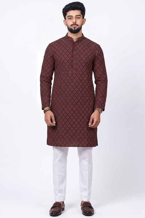 Maroon Cotton Silk Sequins Embroidered Men&#039;s Kurta Pajama