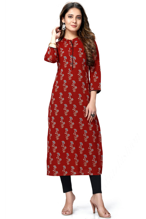 Buy Maroon Chinese Collar Neck Indian Kurti Tunic Online for Women