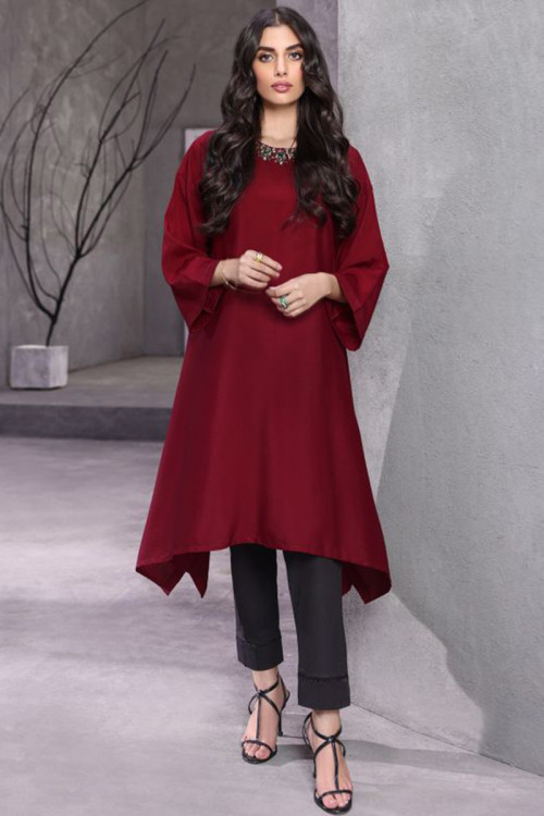 Maroon Crepe High Low Style Eid Trouser Suit With Stone Work