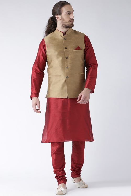 Maroon Dupion Silk Churidar Men Kurta Pajama With Jacket