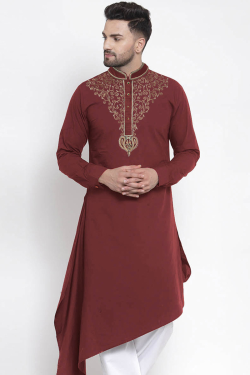 Cotton Maroon Wedding Wear Men Kurta with Resham embroidery