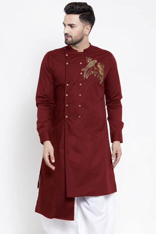 Men Kurta for Sangeet in Cotton Maroon with Resham embroidery