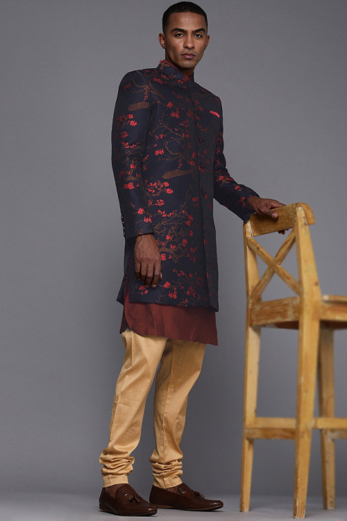 Maroon Dupion Silk Plain Jacket Style Men's Sherwani 