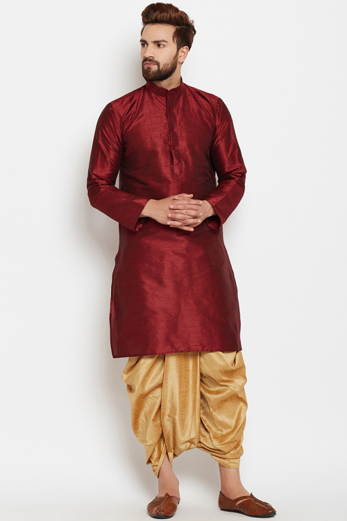Maroon Dupion Silk Plain Men Kurta Dhoti