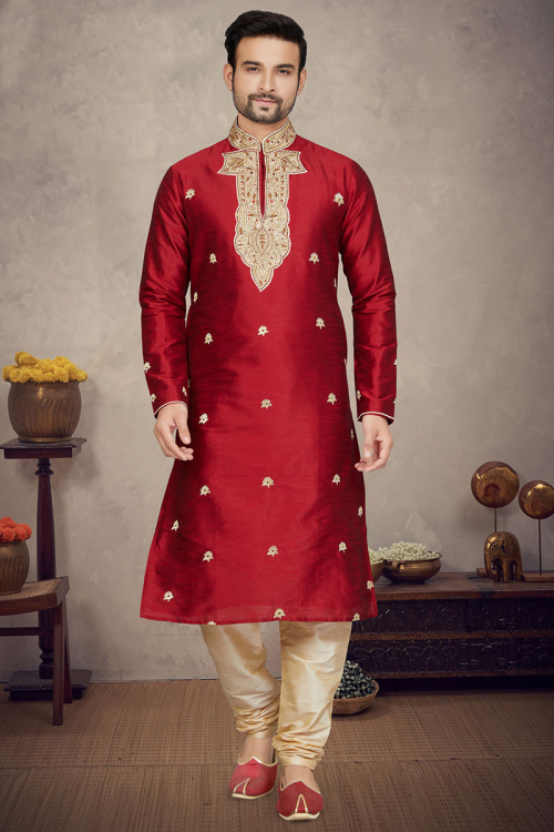 Maroon Embroidered Silk Men's Kurta With Churidar 