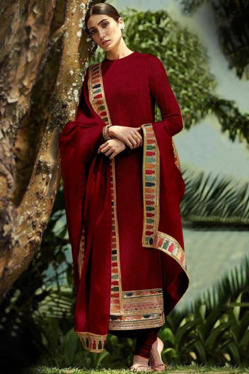 Maroon Georgette Churidar Trouser Suit