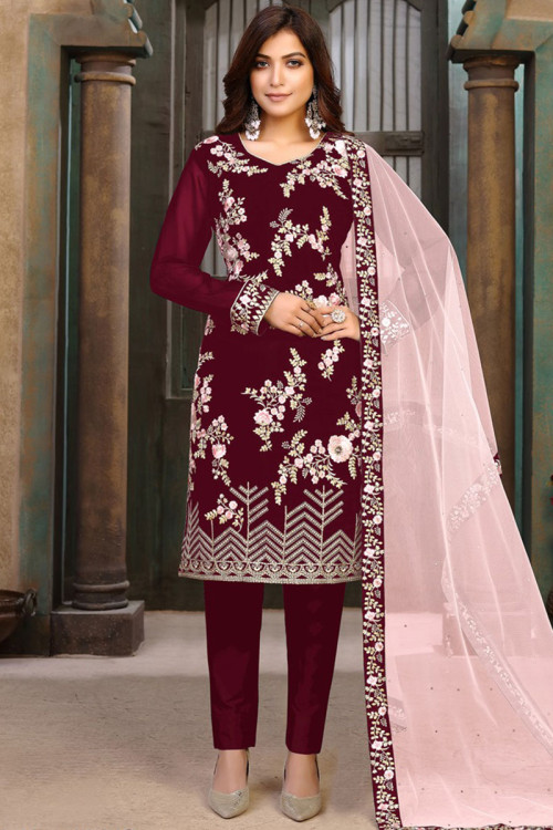 Georgette Trouser Suit with Sequins Work in Maroon for Party 