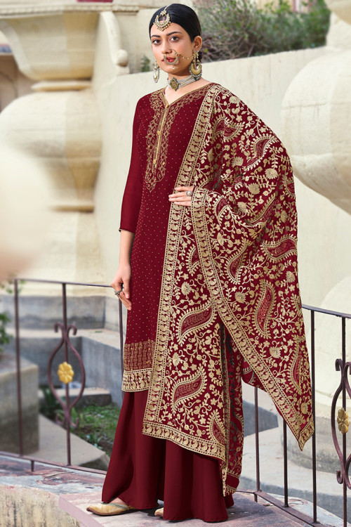 Georgette Maroon Thread Embroidered Party Wear Trouser Suit