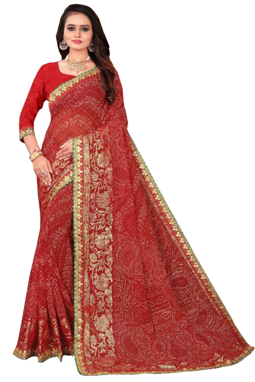 Party Wear Bandhej Print Saree in Georgette Maroon
