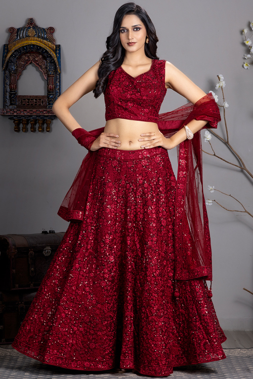 Maroon Net Ready Made Lehenga with Sequins Work for Wedding