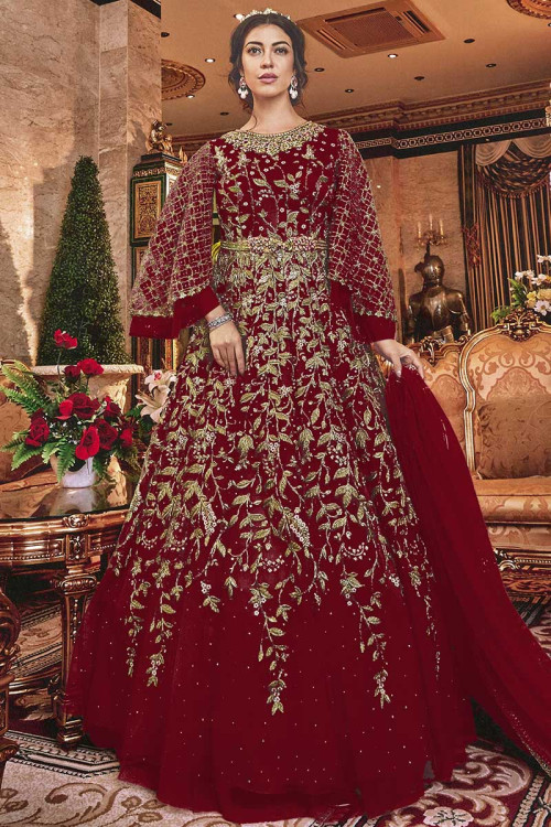 Maroon Net Wedding Anarkali Gown With Dori Work