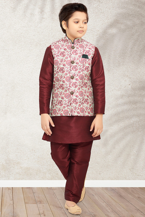 Maroon Plain Dupion Silk Jacket Style Boy's Kurta Pajama 