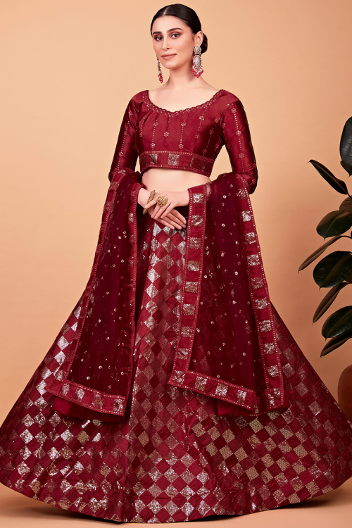 Maroon Resham Embroidered Silk Lehenga