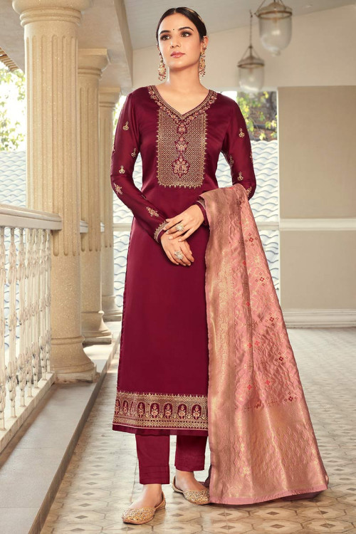 Maroon Satin Straight Pant Embroidered Trouser Suit