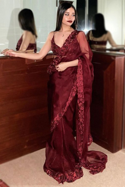 Buy Engagement Organza Thread Work Sarees Online for Women in France