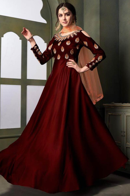 Maroon Taffeta Silk Anarkali Suit With Resham Work