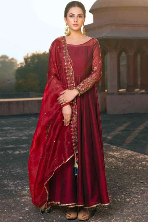 Beautiful Maroon Plain Georgette Long Flared Anarkali Kurta With Dupatta  With Lace Border 2 Pc Indian Dresses 5 Meter Flair 57 in Length - Etsy
