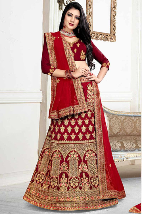 Buy Maroon Silk Lehenga With Velvet Choli Online - Llcv01039 