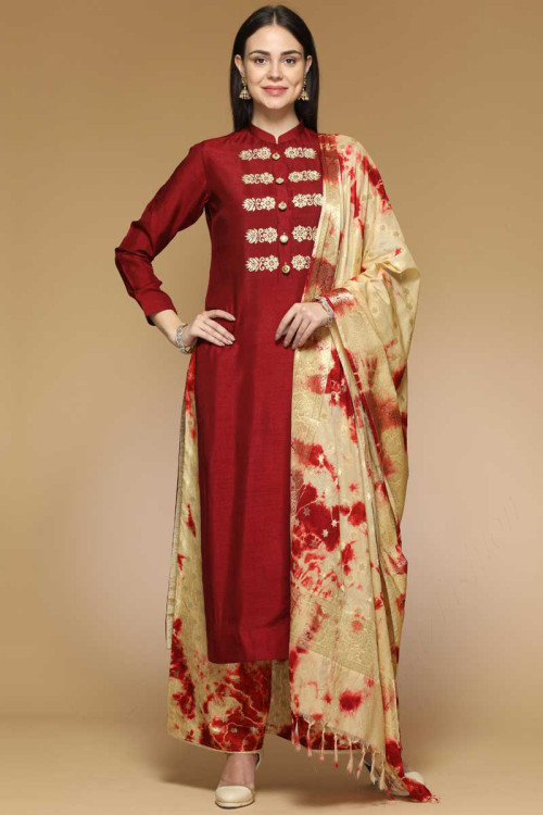 Maroon Silk Palazzo Pant Suit With Zari Work for Eid