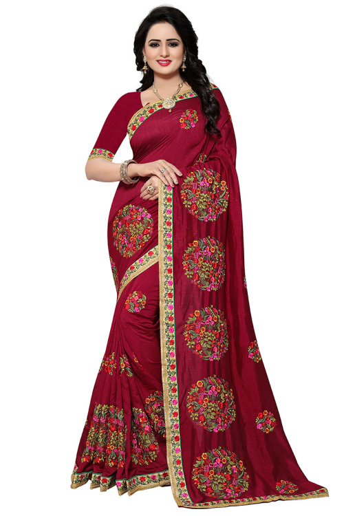 Party Wear Thread Embroidered Maroon Saree in Silk