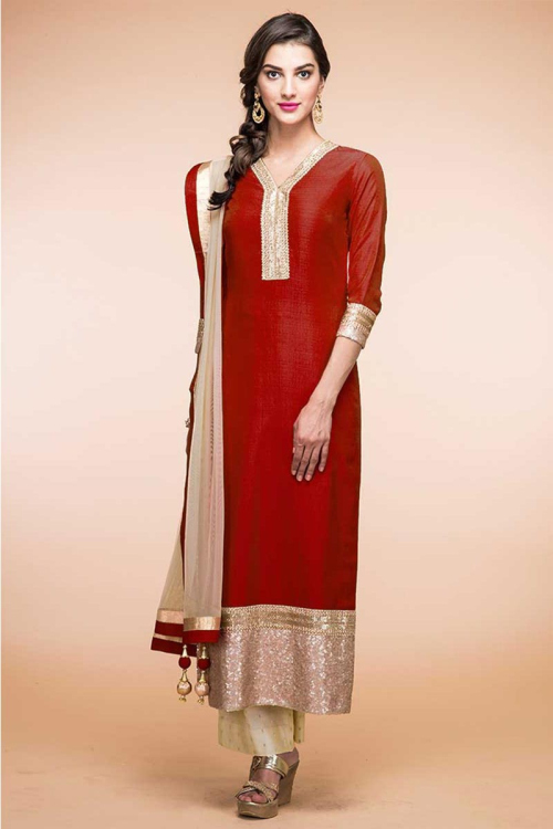 Maroon Taffeta Silk Kurti With Trouser and Dupatta