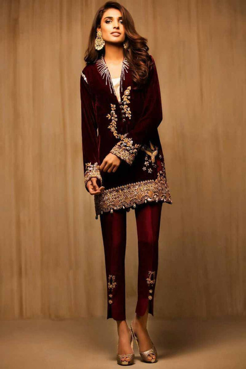 Velvet Straight Pant Suit with Maroon Color 