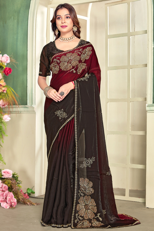 Maroon Tissue Silk Shimmer Saree With Stone Work For Festival