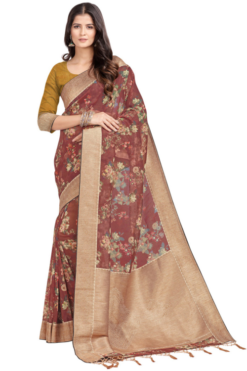 Maroon Tussar Silk Saree With Tussar Silk Blouse