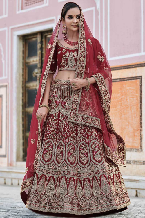 Lehenga for Party Wear in Velvet Maroon with Sequins embroidery