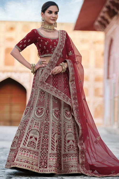 Sequins Work Maroon Lehenga in Velvet for Bridal Wear