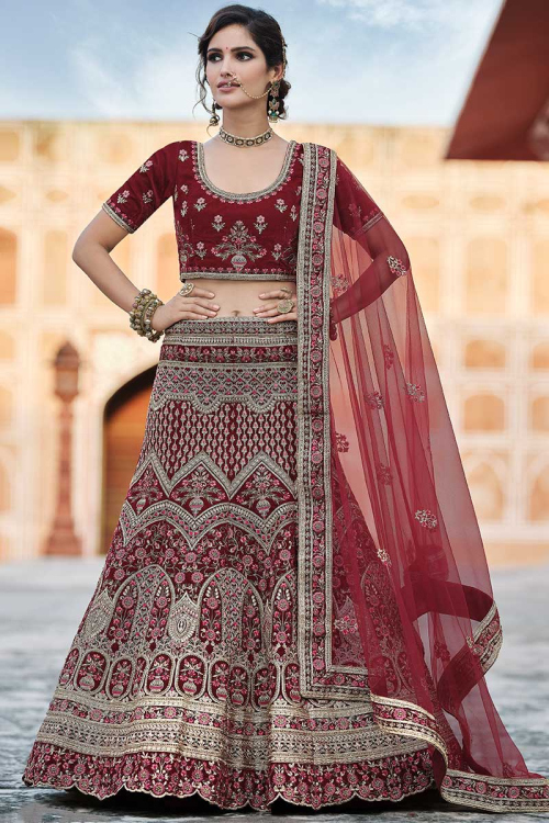 Velvet Lehenga with Resham Embroidery in Maroon for Wedding 