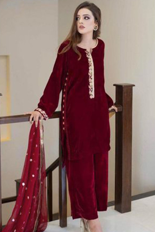 Maroon Velvet Palazzo Pant Pakistani Suit