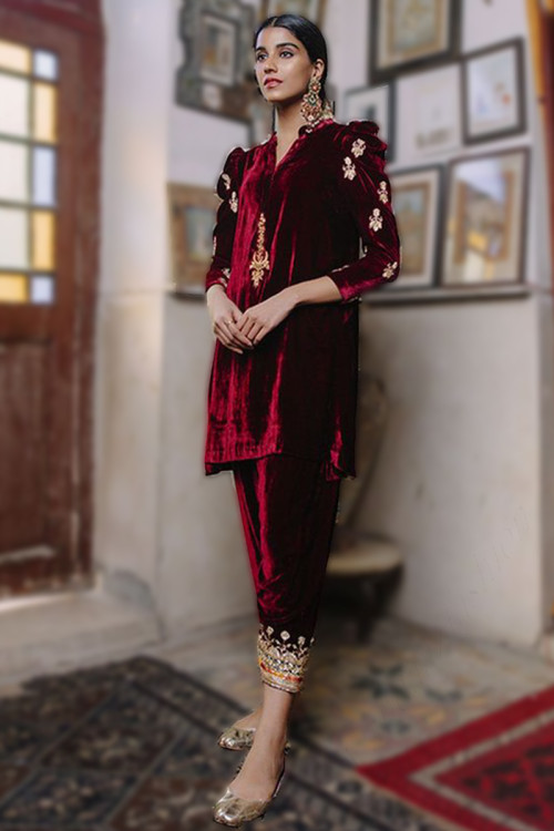 Maroon Velvet Straight Cut Pakistani Patiala Suit