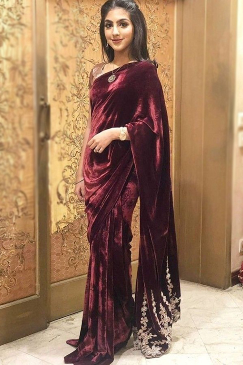 Maroon Velvet Zari Embroidered Saree
