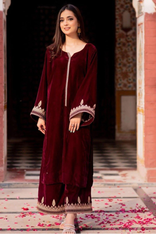 Maroon Velvet Zari Embroidered Trouser Suit For Festive Wear