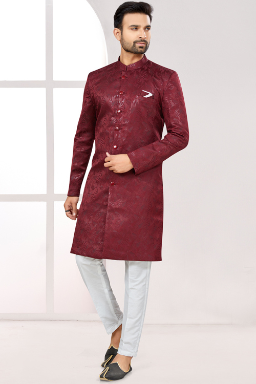 Maroon Weaved Jacquard Men's Sherwani