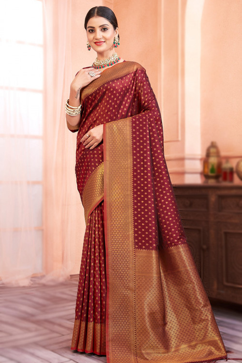 kanjivaram silk saree maroon colour | Bridal sarees south indian, Silk  saree blouse designs, Saree dress