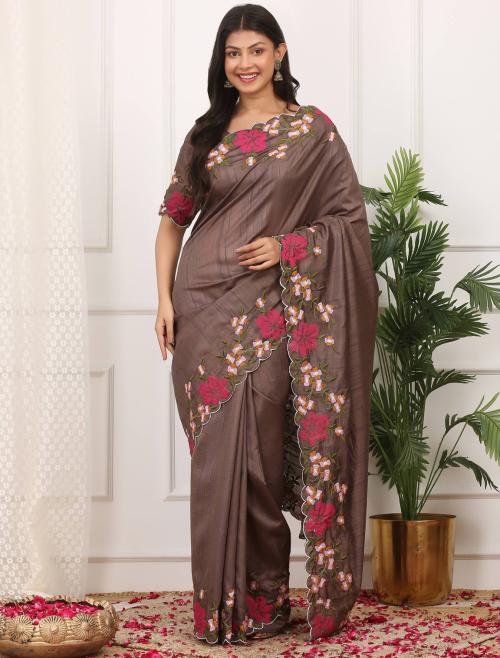 Mauve Brown Art Silk Resham Thread Work Light Weight Saree