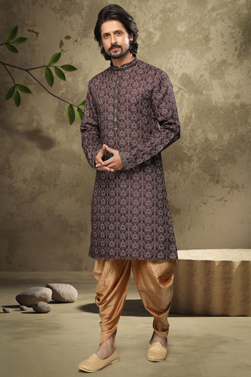 Mauve Brown Mauve Cotton Men's Kurta With Dhoti Pants