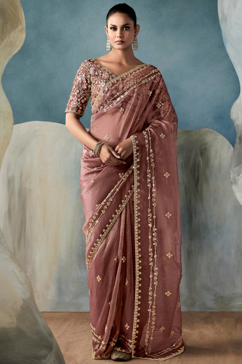 Mauve Brown Organza Embroidered Saree For Festival 