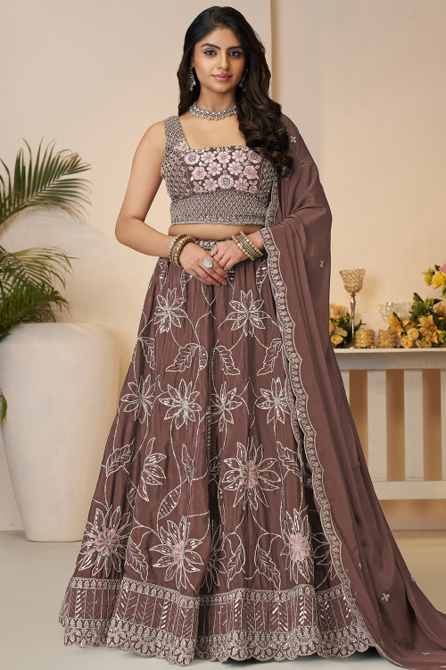 Mauve Brown Satin Embroidered Panelled Style Lehenga