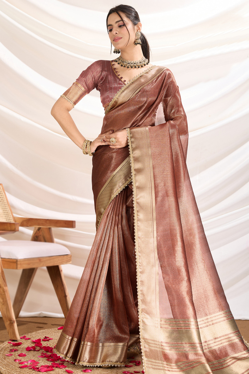 Mauve Brown Tissue Saree with Woven Zari Work for Diwali 