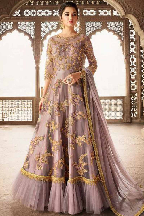 Mauve Color Net Embroidered Anarkali Suit