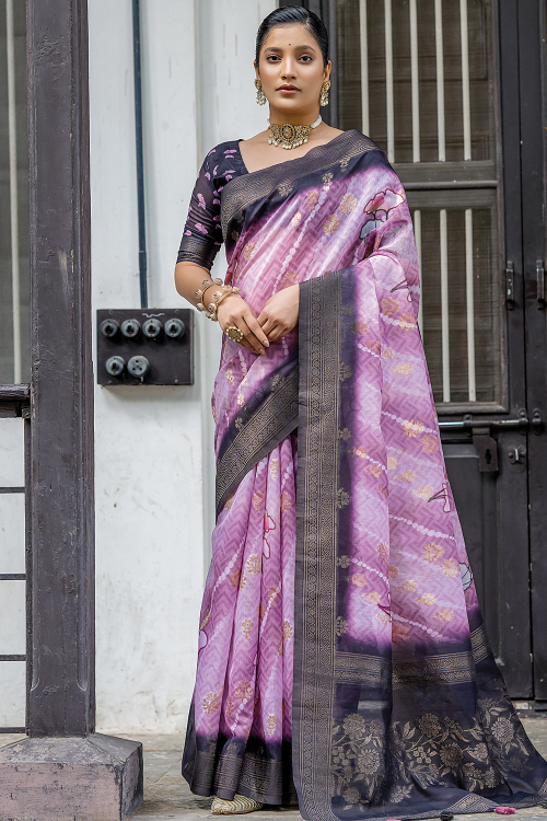 Mauve Cotton Printed Broad Border Saree