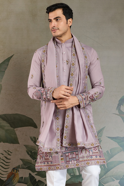 Mauve Cotton Silk Men's Kurta With Sequins Work For Festival 