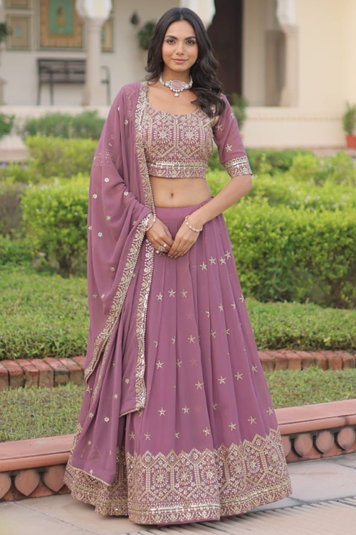 Mauve Georgette Zari Embroidered Lehenga for Diwali