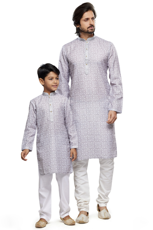 Mauve Grey Cotton Printed Father Son Duo Kurta With Churidar